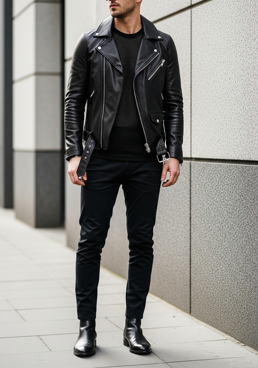Mesh Tee, Nightlife Look - 50 Leather Jacket Outfit Ideas for Men