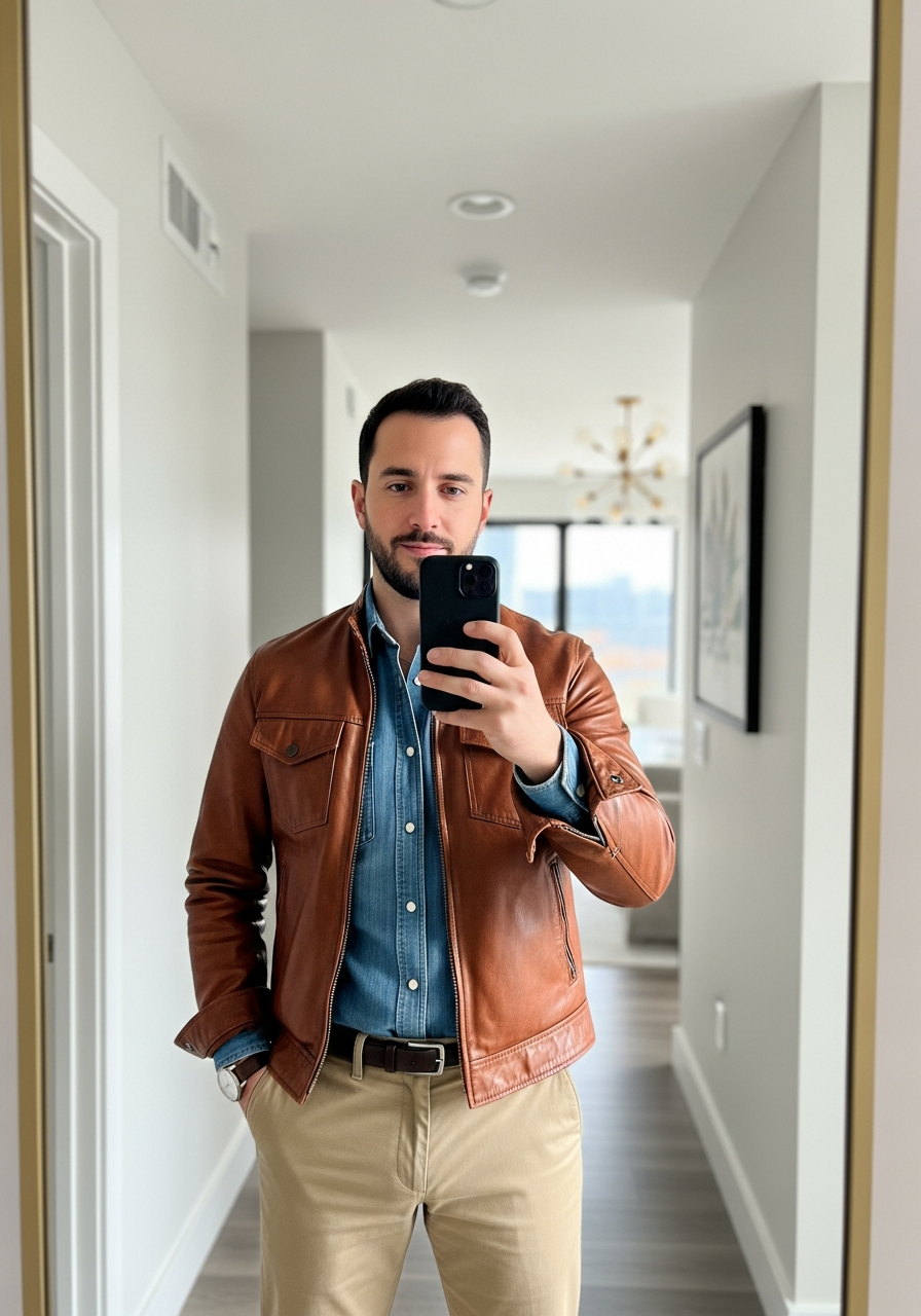 Chestnut Jacket, Denim Shirt - 50 Leather Jacket Outfit Ideas for Men