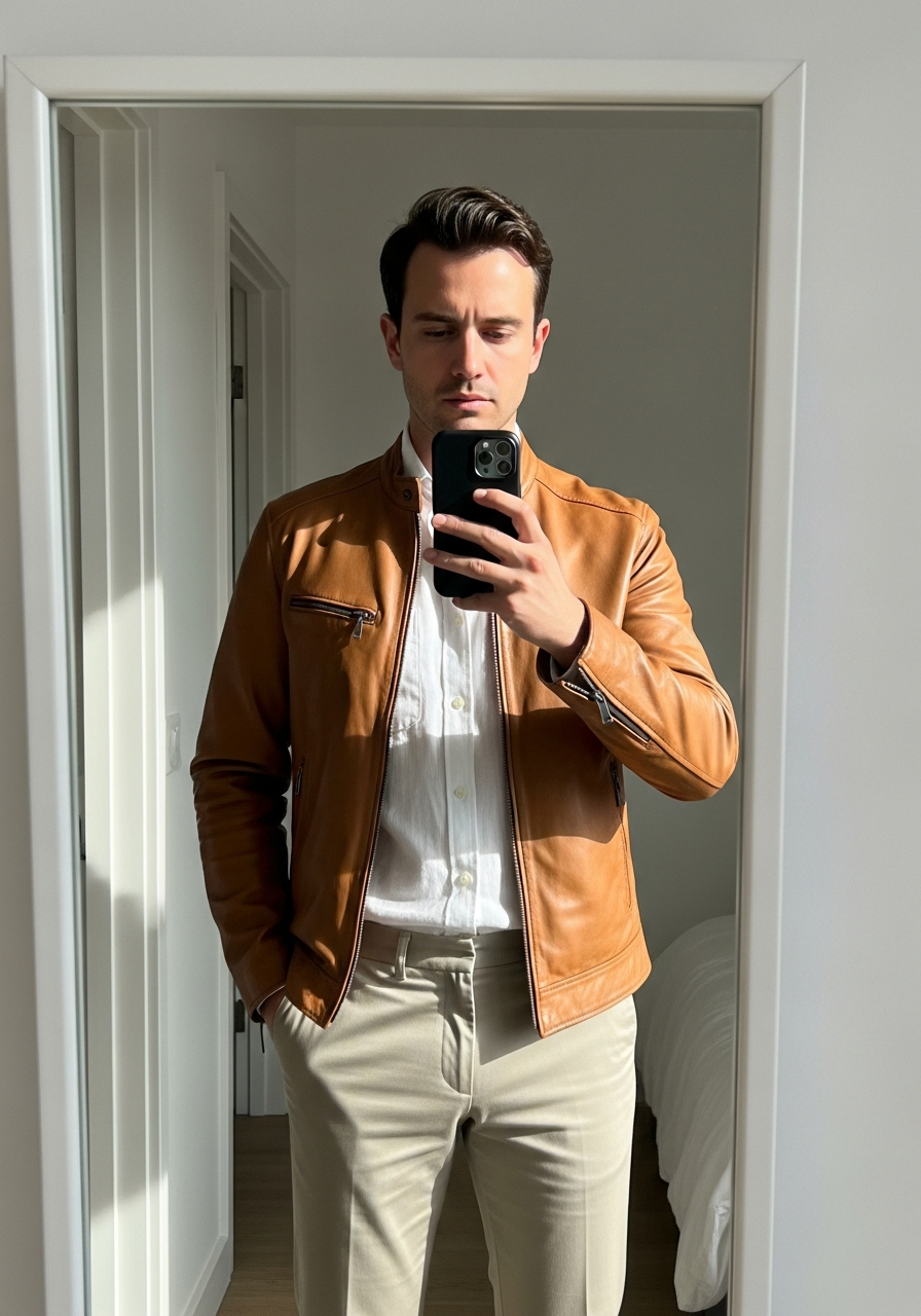 Linen Shirt, Spring Chinos - 50 Leather Jacket Outfit Ideas for Men