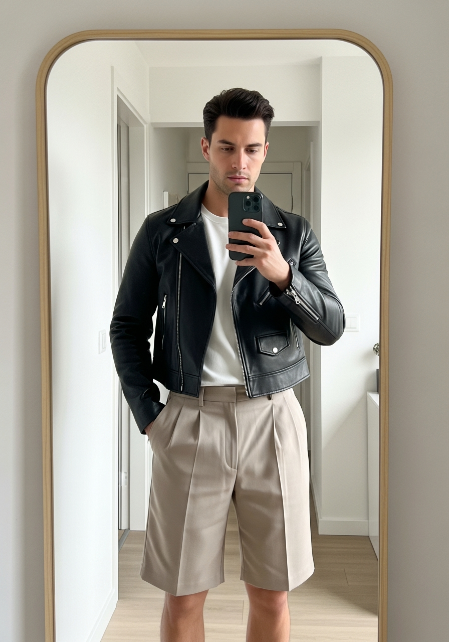 Cropped Jacket, Tailored Shorts - 50 Leather Jacket Outfit Ideas for Men