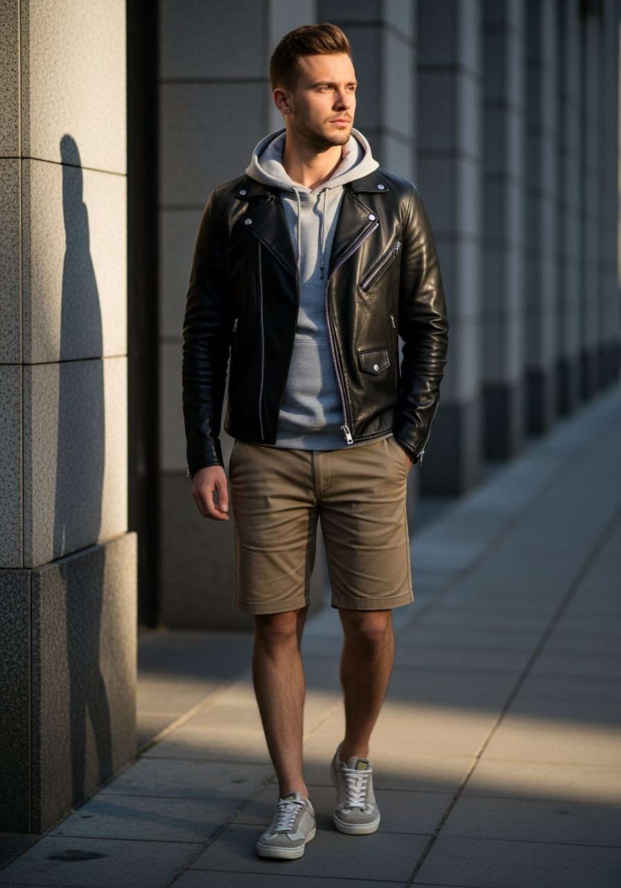 Hoodie, Khaki Shorts - 50 Leather Jacket Outfit Ideas for Men