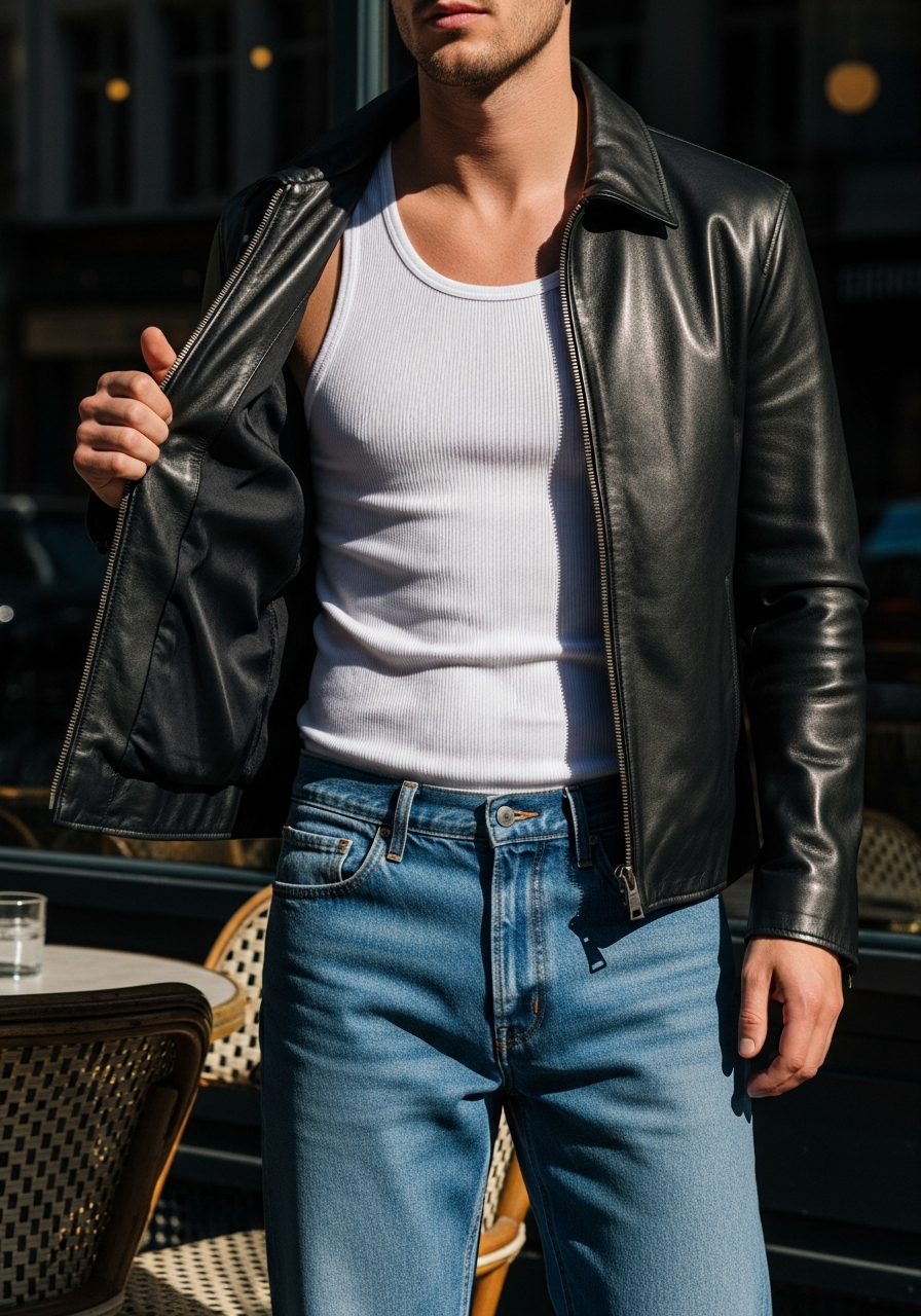 Racer Jacket, White Tank - 50 Leather Jacket Outfit Ideas for Men