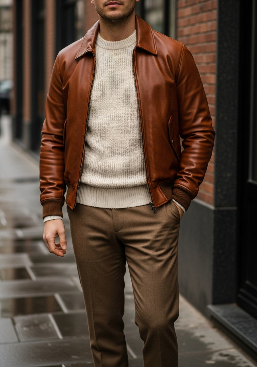 Cognac Jacket, Tan Trousers - 50 Leather Jacket Outfit Ideas for Men