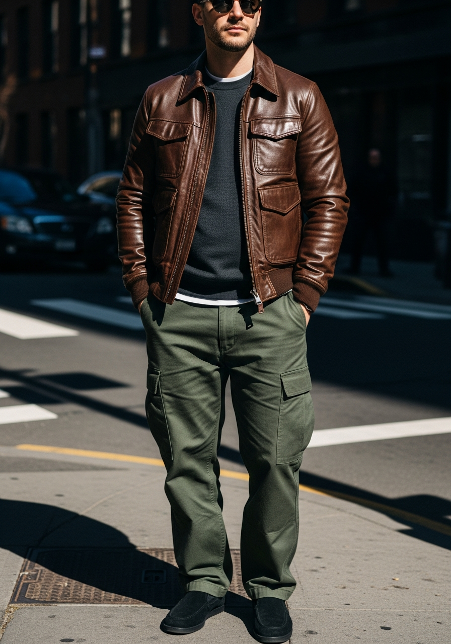Chocolate, Olive Cargo - 50 Leather Jacket Outfit Ideas for Men