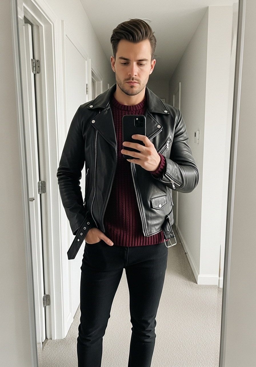 Burgundy Knit, Black Jeans - 50 Leather Jacket Outfit Ideas for Men