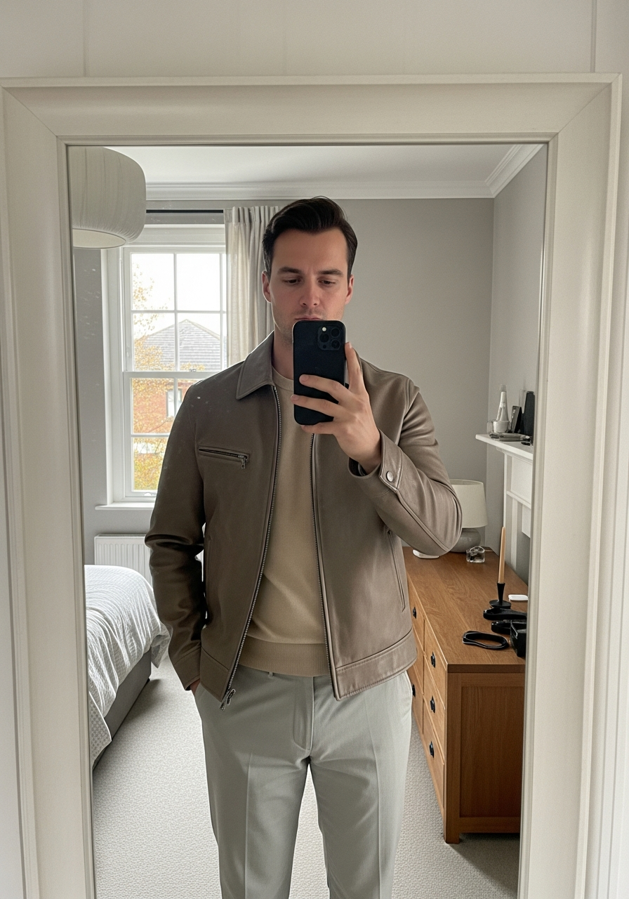 Taupe Jacket, Stone Chinos - 50 Leather Jacket Outfit Ideas for Men