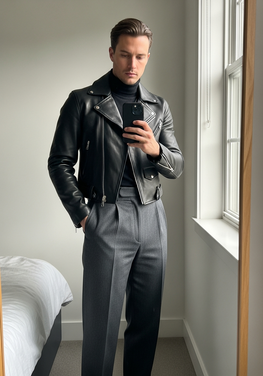 Cropped Jacket, Tailored Pants - 50 Leather Jacket Outfit Ideas for Men