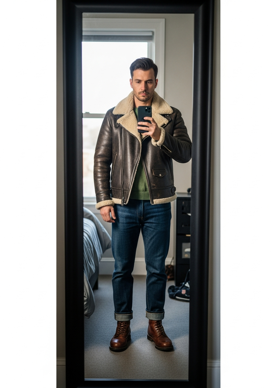 Shearling Collar, Denim - 50 Leather Jacket Outfit Ideas for Men
