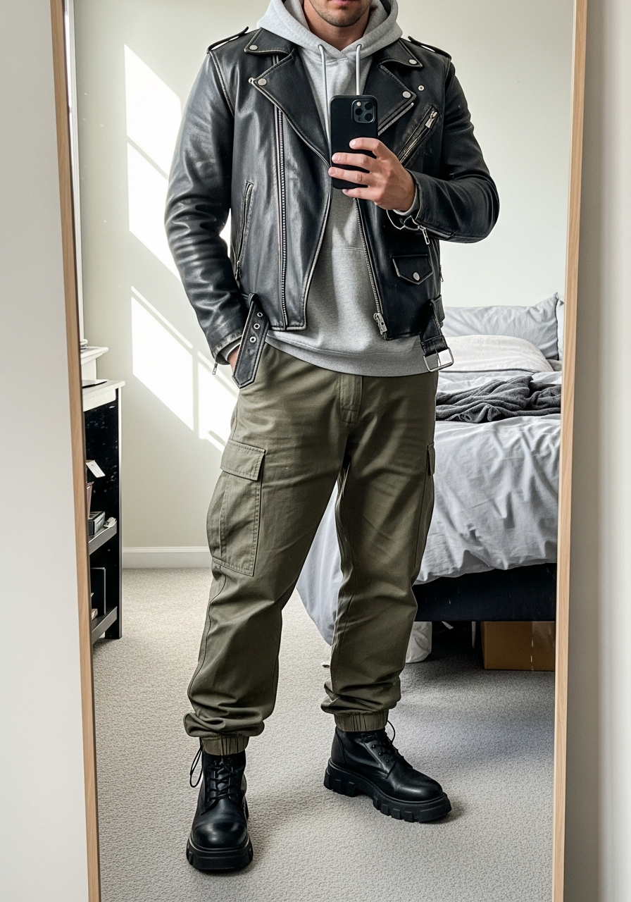 Hoodie, Cargo Pants - 50 Leather Jacket Outfit Ideas for Men