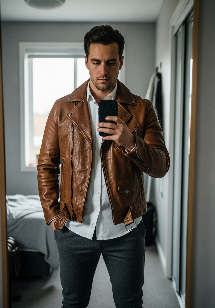 Moto Jacket, Slim Joggers - 50 Leather Jacket Outfit Ideas for Men