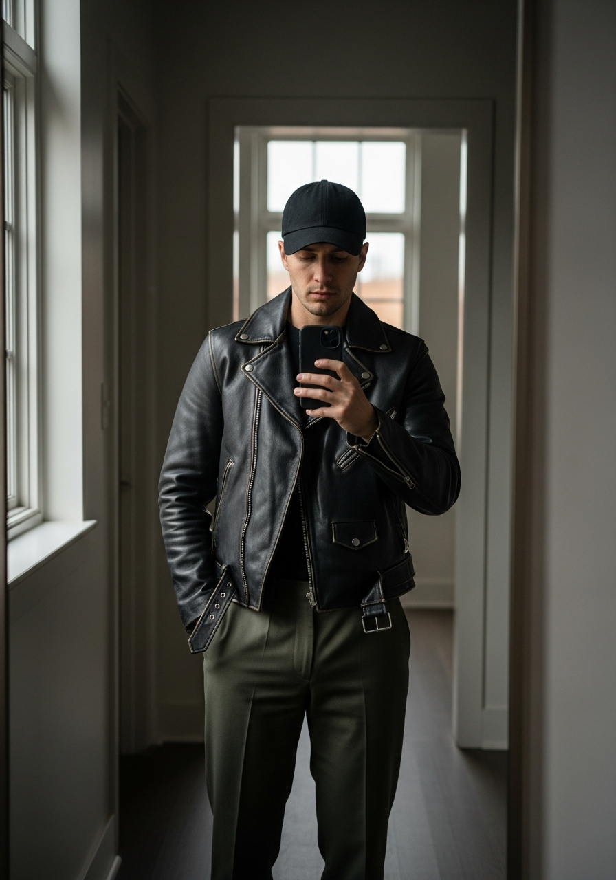 Cap, Tapered Cargo Trousers - 50 Leather Jacket Outfit Ideas for Men