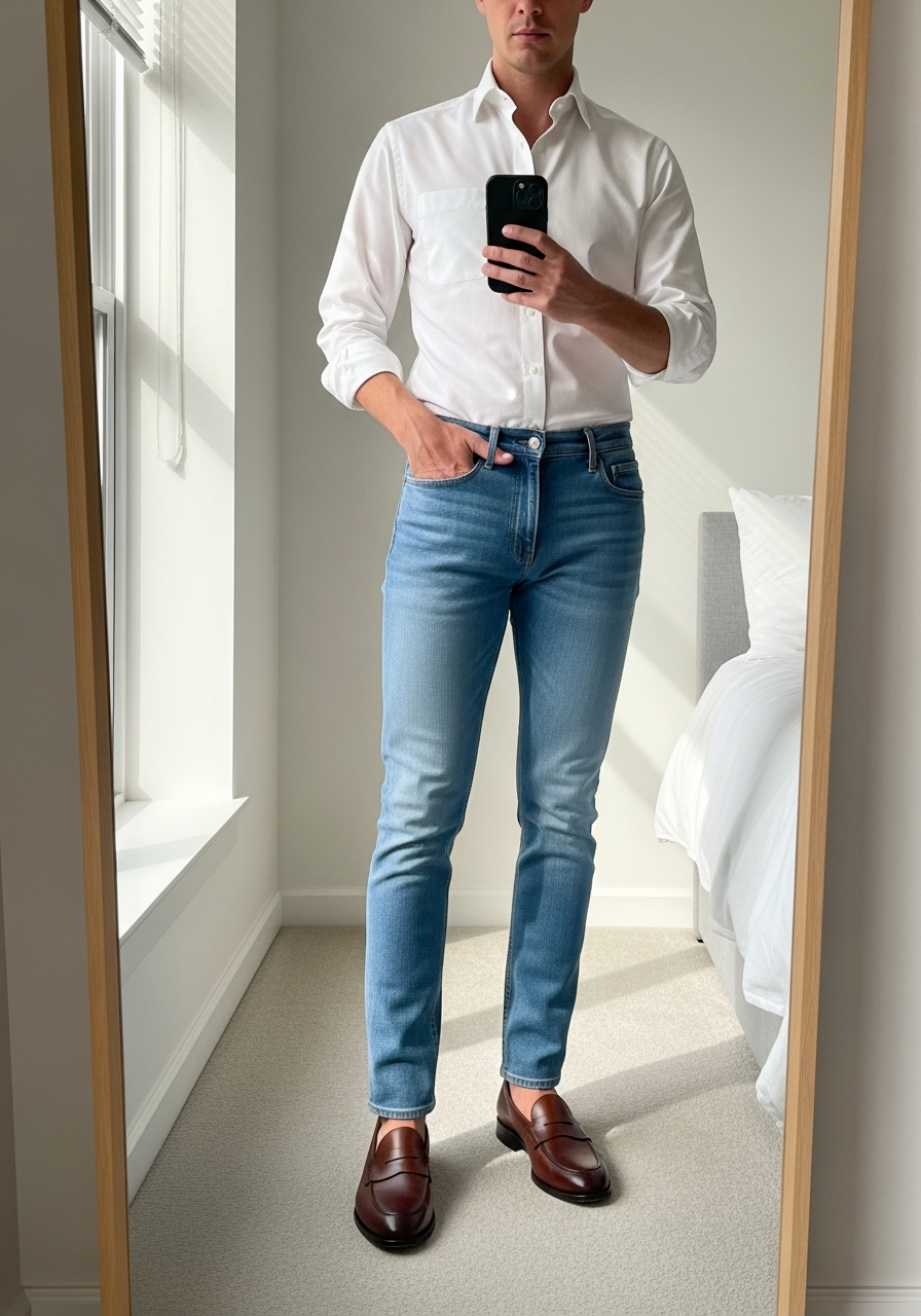 Button-Down and Loafers - 50 Light Blue Jeans Outfits for Men: The Ultimate Style Guide