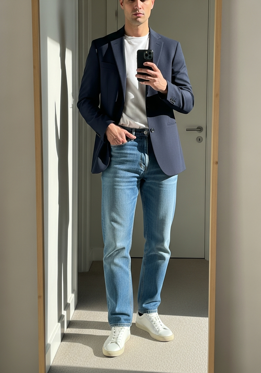 Blazer and Tee Combo - 50 Light Blue Jeans Outfits for Men: The Ultimate Style Guide
