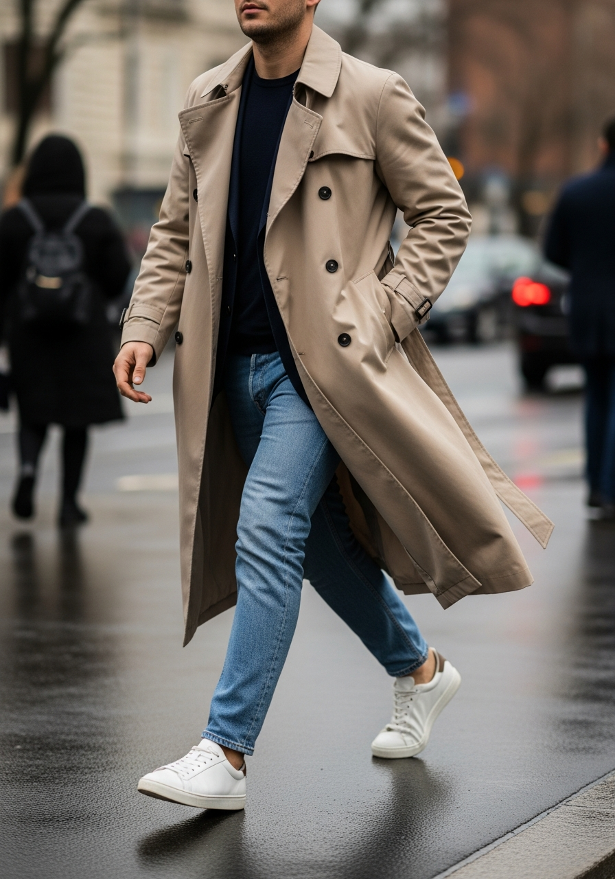 City Trench Coat - 50 Light Blue Jeans Outfits for Men: The Ultimate Style Guide