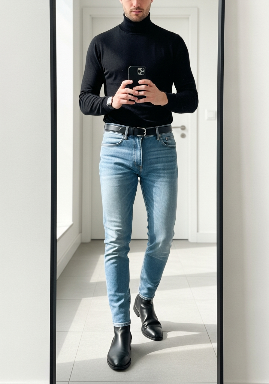 Sleek Black Turtleneck - 50 Light Blue Jeans Outfits for Men: The Ultimate Style Guide