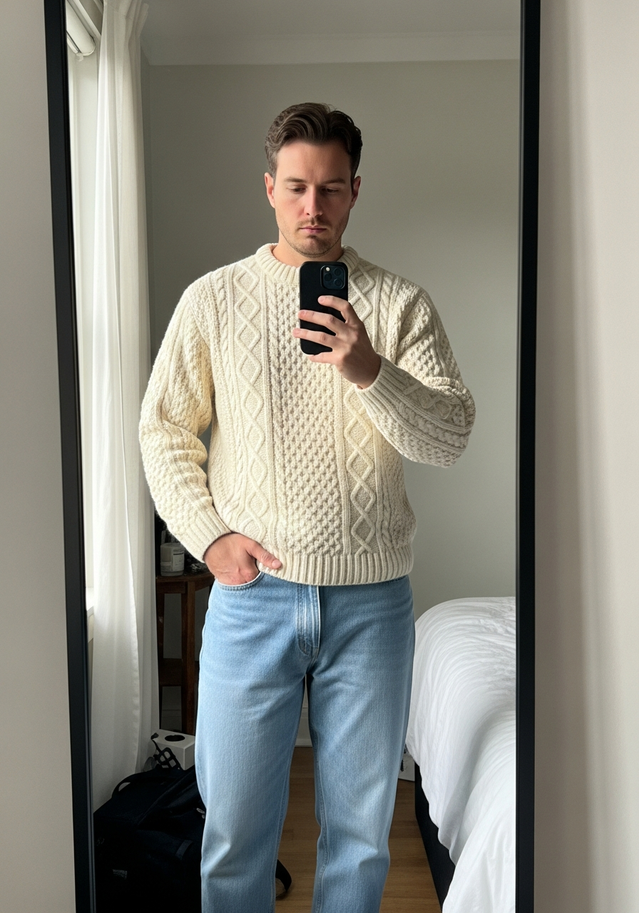 Cream Sweater Softness - 50 Light Blue Jeans Outfits for Men: The Ultimate Style Guide