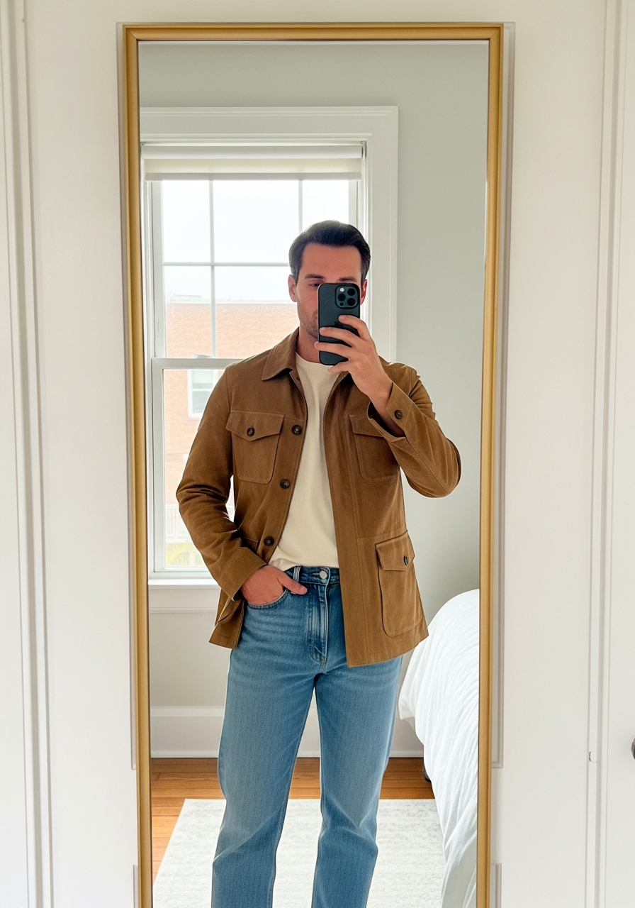 Suede Safari Jacket - 50 Light Blue Jeans Outfits for Men: The Ultimate Style Guide