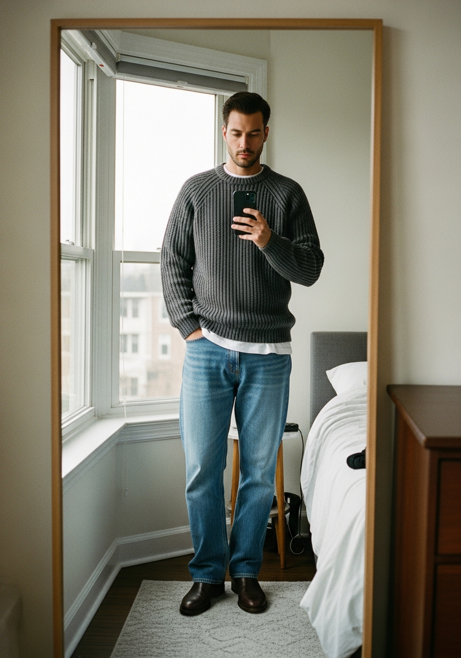 Charcoal Sweater Contrast - 50 Light Blue Jeans Outfits for Men: The Ultimate Style Guide