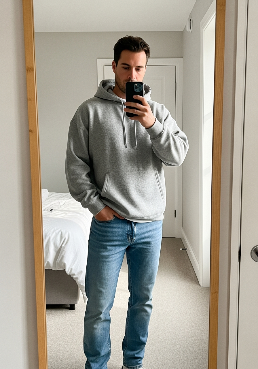 Grey Hoodie Comfort - 50 Light Blue Jeans Outfits for Men: The Ultimate Style Guide