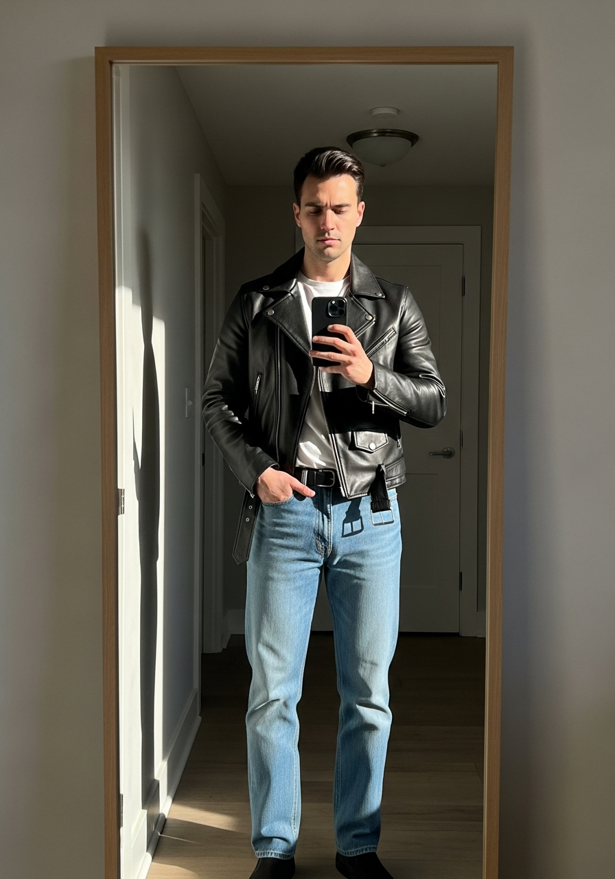 Classic Leather Jacket - 50 Light Blue Jeans Outfits for Men: The Ultimate Style Guide