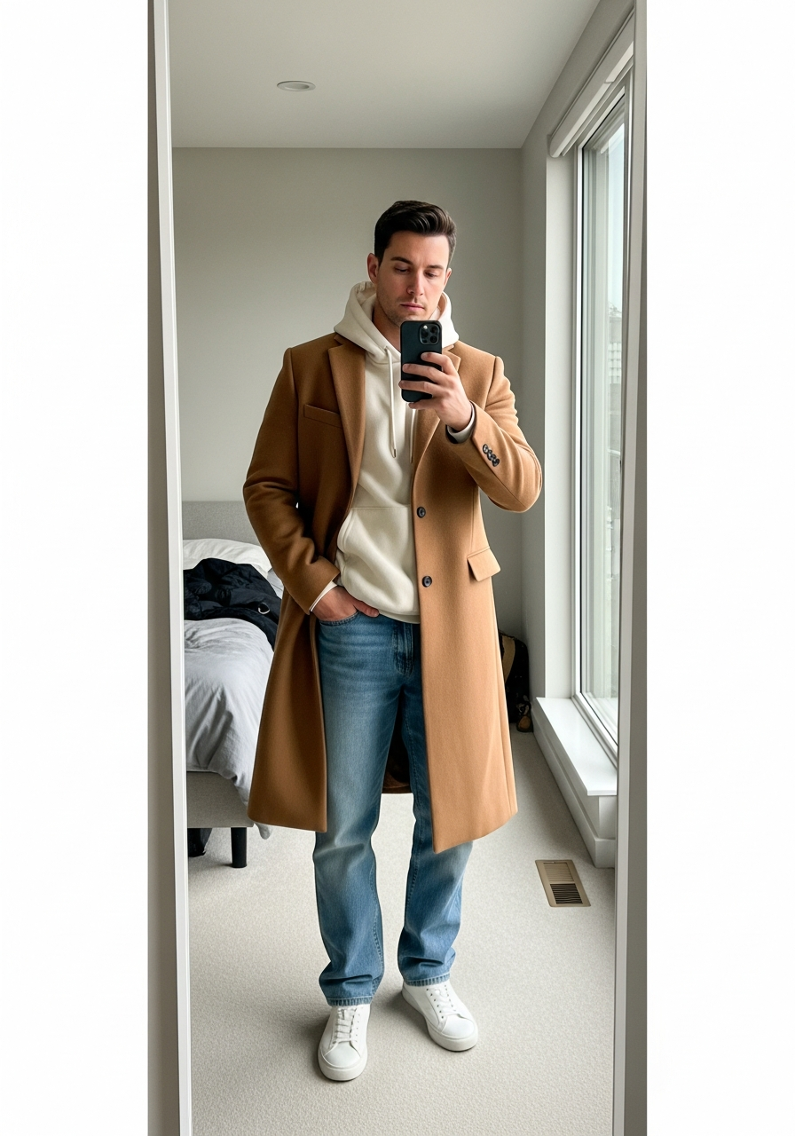 Tailored Overcoat Layer - 50 Light Blue Jeans Outfits for Men: The Ultimate Style Guide