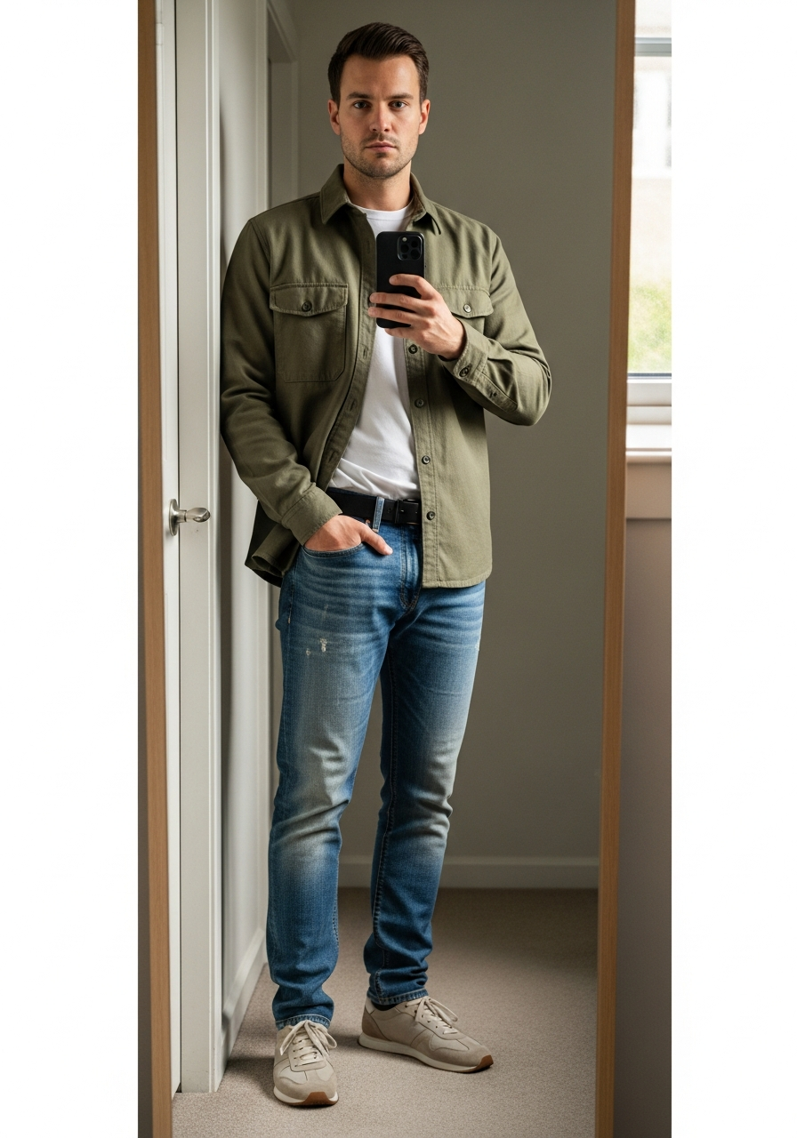 Olive Overshirt - 50 Light Blue Jeans Outfits for Men: The Ultimate Style Guide