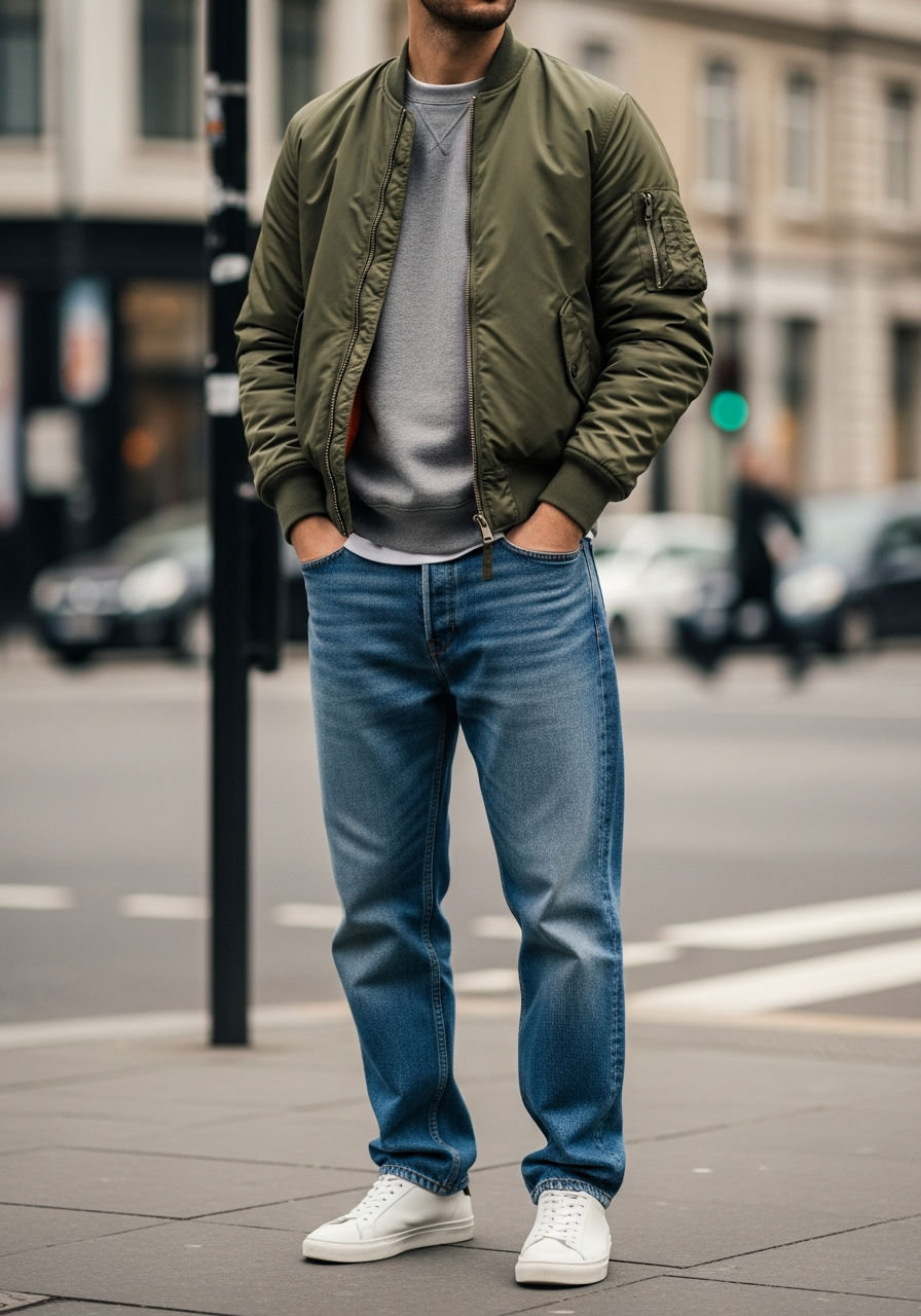 Sweatshirt and Bomber - 50 Light Blue Jeans Outfits for Men: The Ultimate Style Guide