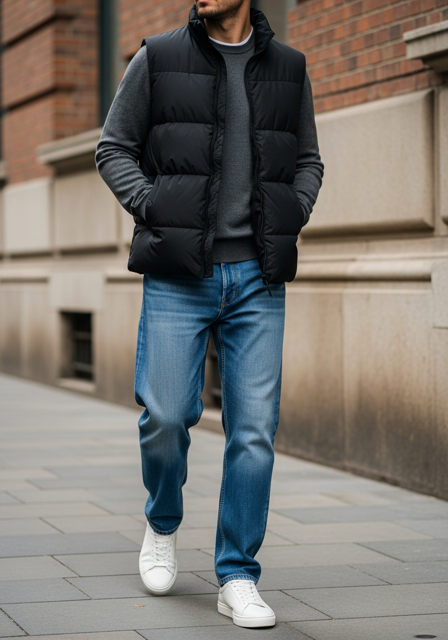 Puffer Vest Warmth - 50 Light Blue Jeans Outfits for Men: The Ultimate Style Guide