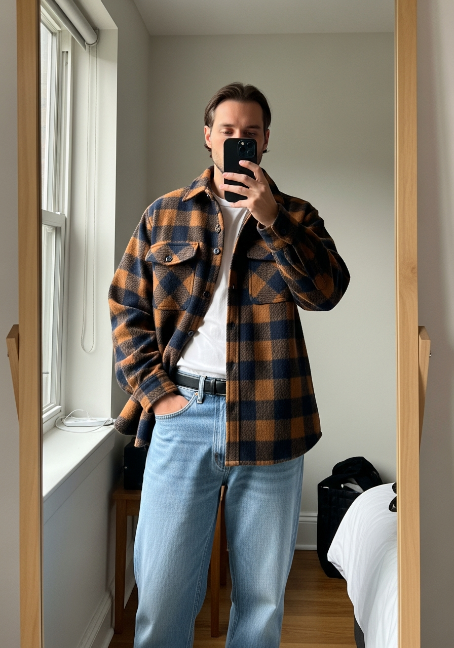 Checked Wool Overshirt - 50 Light Blue Jeans Outfits for Men: The Ultimate Style Guide