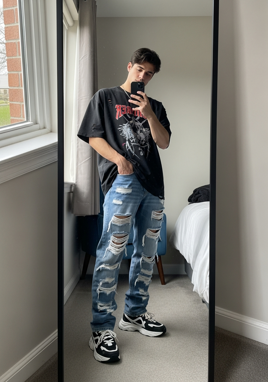 Edgy Graphic Tee Look - 50 Light Blue Jeans Outfits for Men: The Ultimate Style Guide