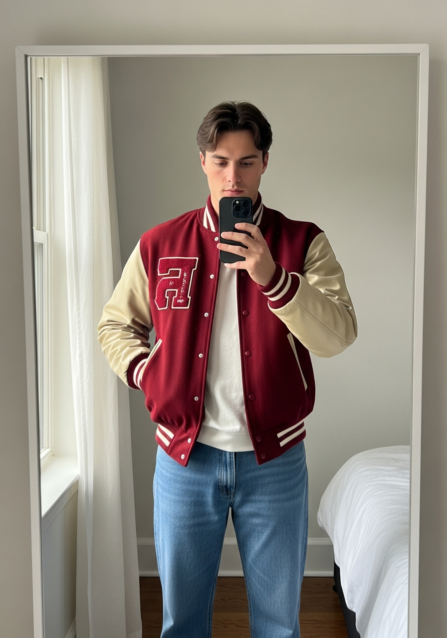 Collegiate Varsity Style - 50 Light Blue Jeans Outfits for Men: The Ultimate Style Guide