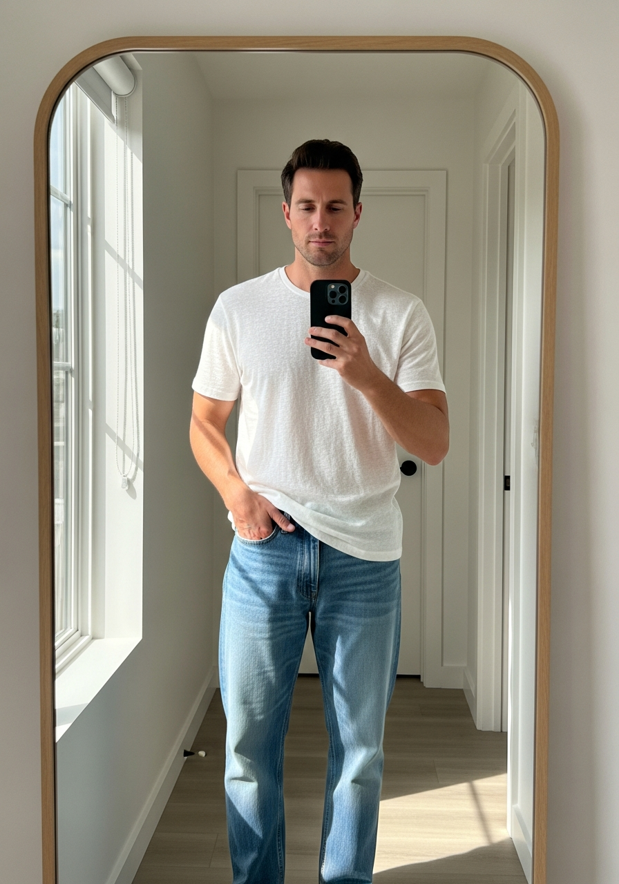 Breezy Linen Tee - 50 Light Blue Jeans Outfits for Men: The Ultimate Style Guide