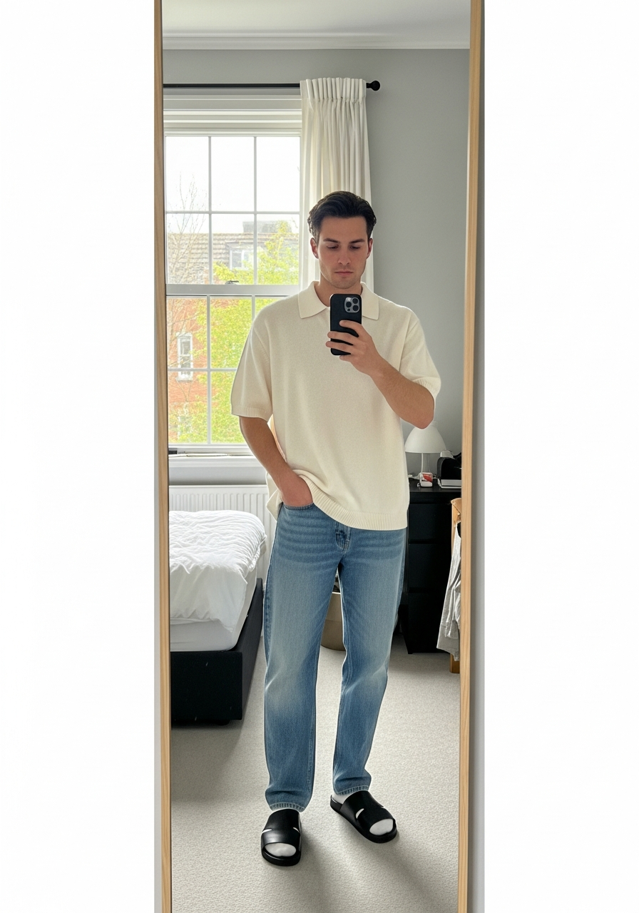 Relaxed Polo and Slides - 50 Light Blue Jeans Outfits for Men: The Ultimate Style Guide