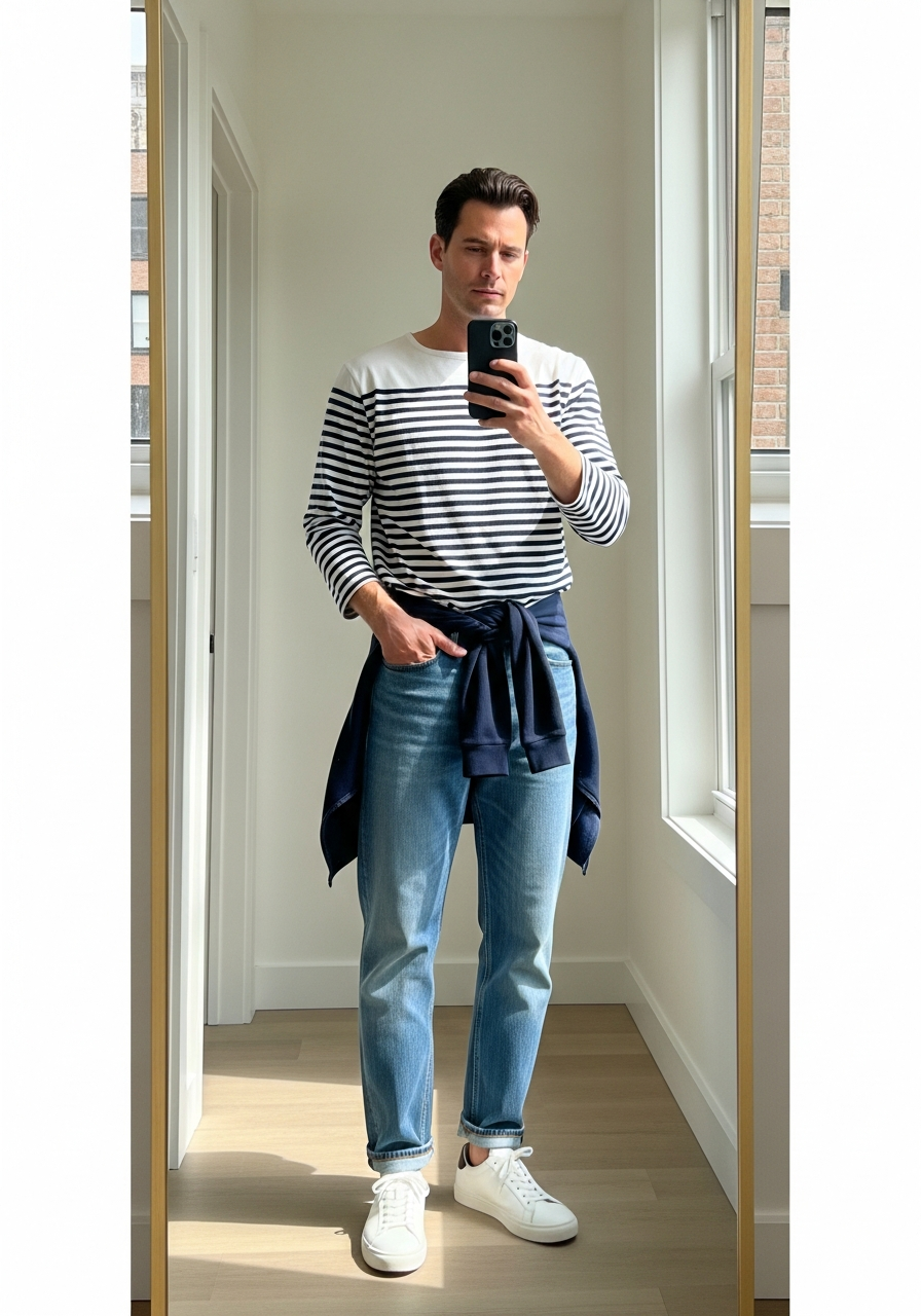 Striped Long-Sleeve - 50 Light Blue Jeans Outfits for Men: The Ultimate Style Guide