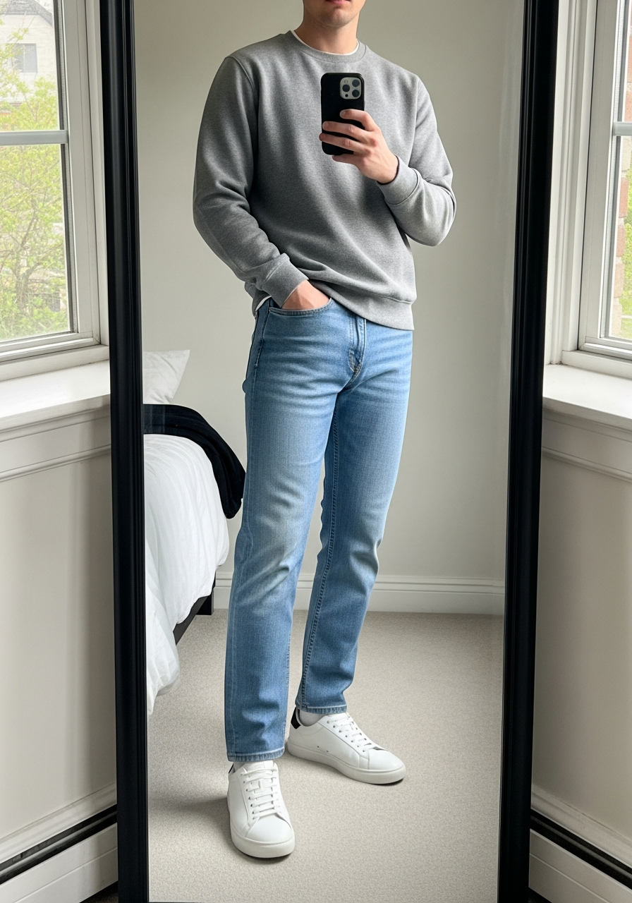 Monochrome Sneakers - 50 Light Blue Jeans Outfits for Men: The Ultimate Style Guide