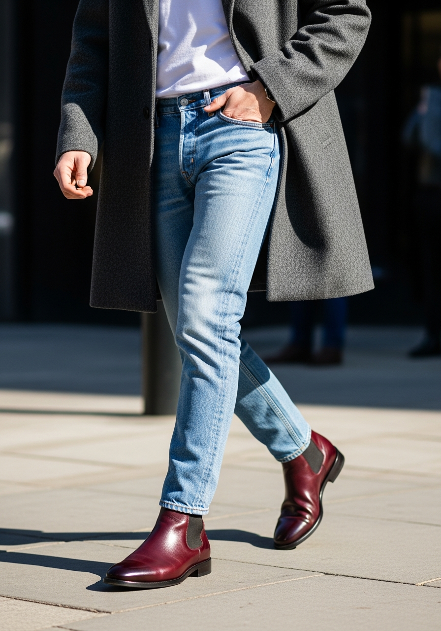 Burgundy Footwear Pop - 50 Light Blue Jeans Outfits for Men: The Ultimate Style Guide