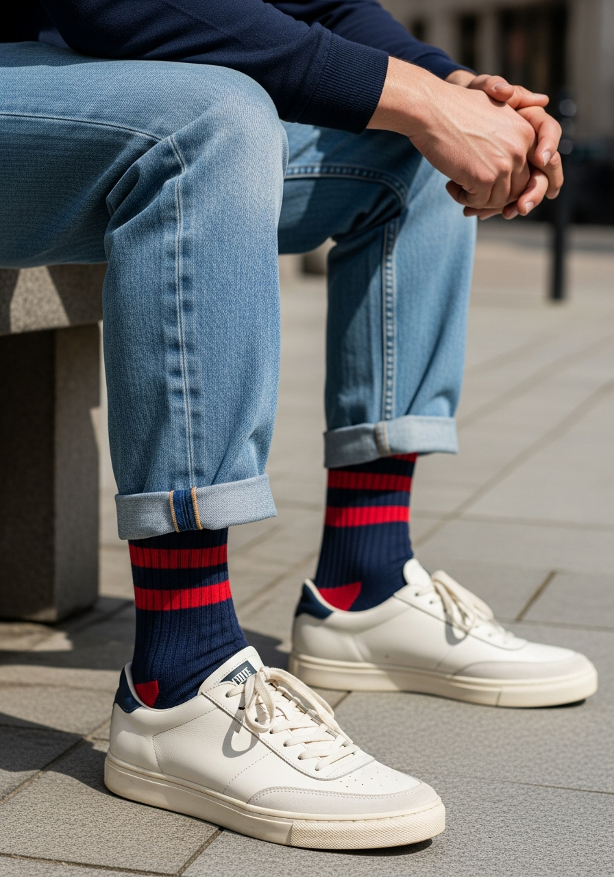 Striped Socks Detail - 50 Light Blue Jeans Outfits for Men: The Ultimate Style Guide