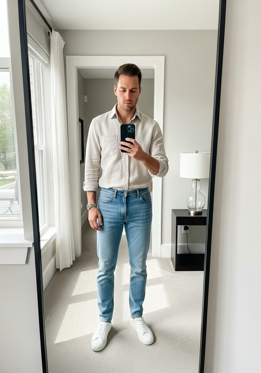 Linen Shirt Vacation - 50 Light Blue Jeans Outfits for Men: The Ultimate Style Guide