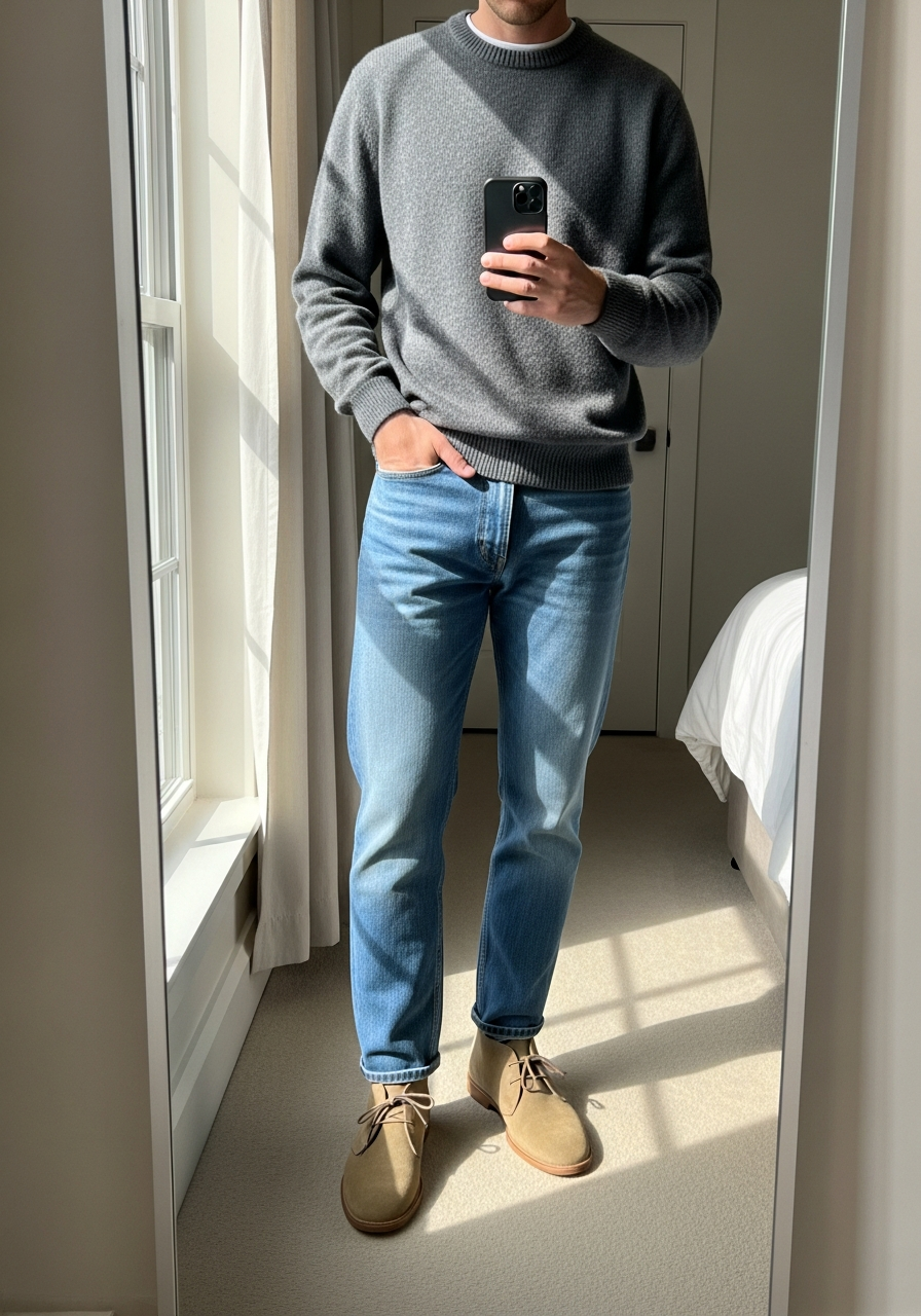 Desert Boots Everyday - 50 Light Blue Jeans Outfits for Men: The Ultimate Style Guide