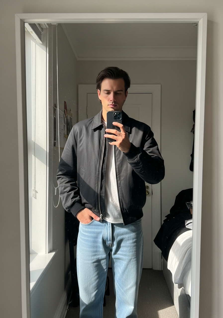 Black Bomber Jacket - 50 Light Blue Jeans Outfits for Men: The Ultimate Style Guide