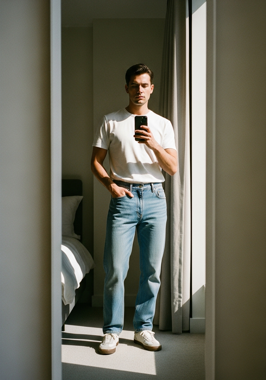 Light Blue Jeans Basic Tee - 50 Light Blue Jeans Outfits for Men: The Ultimate Style Guide