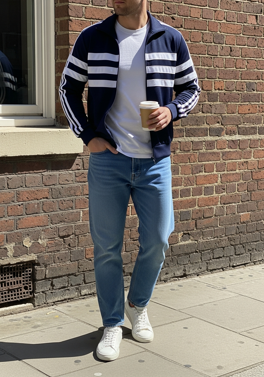 Sporty Track Jacket - 50 Light Blue Jeans Outfits for Men: The Ultimate Style Guide