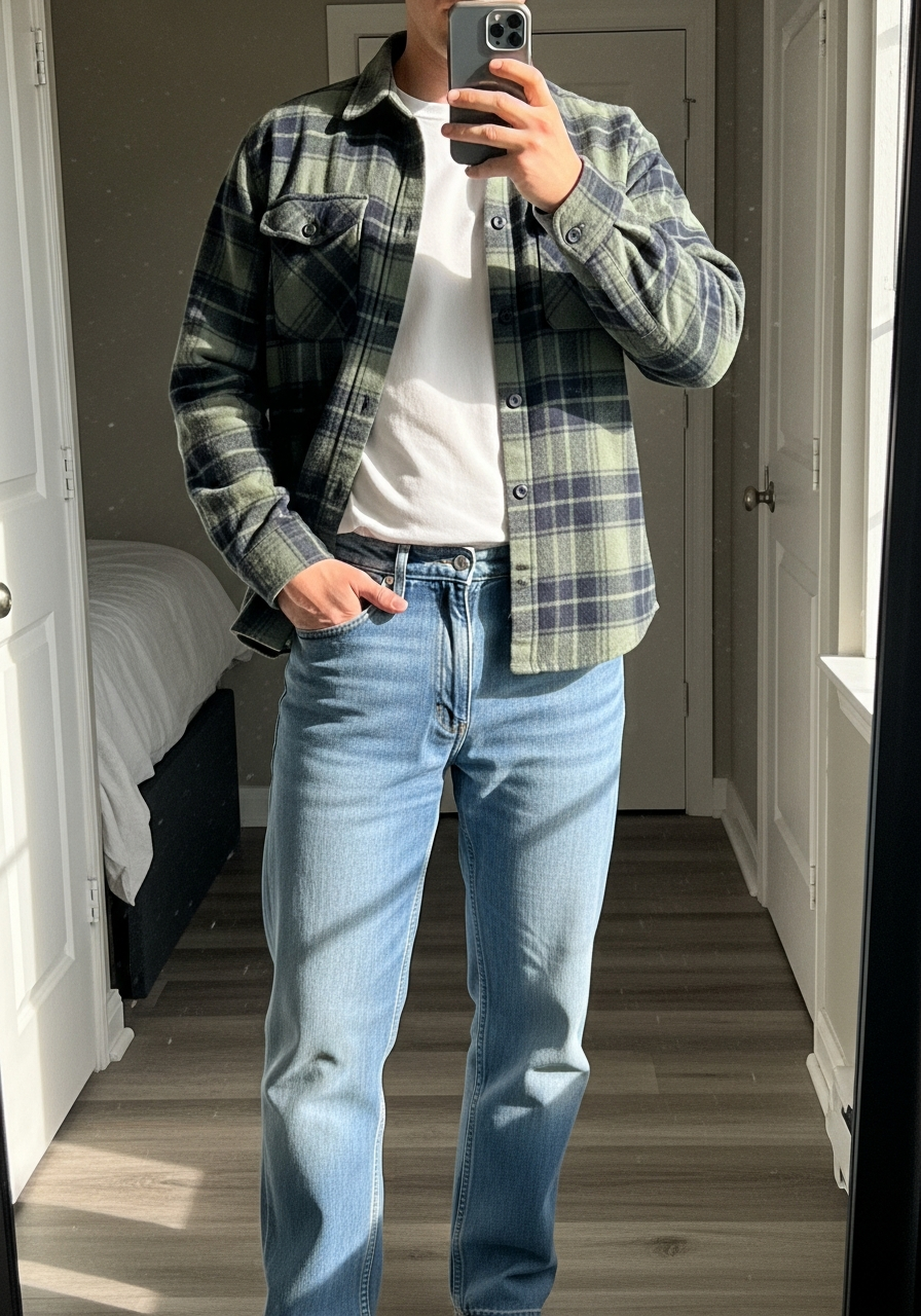 Flannel Layering - 50 Light Blue Jeans Outfits for Men: The Ultimate Style Guide