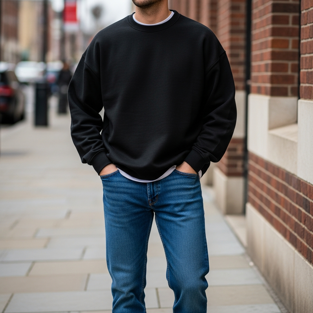 Black Crewneck, Straight Jeans - 50 Oversized Crewneck Outfit Ideas for Men
