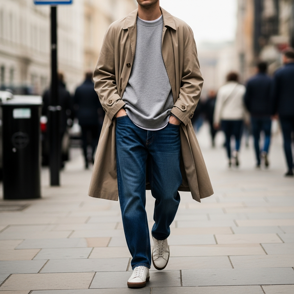 Crewneck and Trench Coat - 50 Oversized Crewneck Outfit Ideas for Men