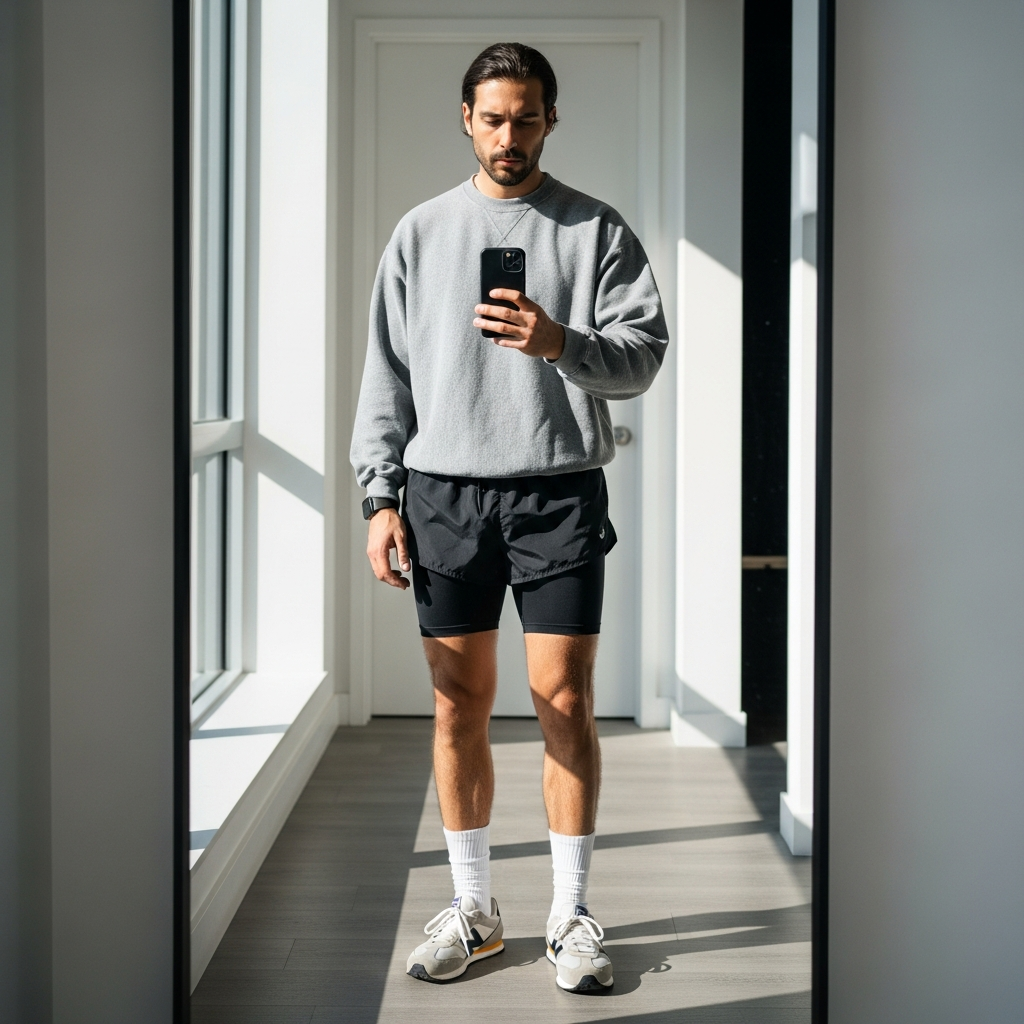 Crewneck, Fitted Gym Shorts - 50 Oversized Crewneck Outfit Ideas for Men