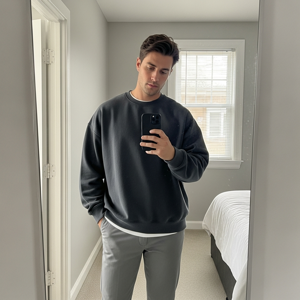Charcoal Crewneck, Grey Chinos - 50 Oversized Crewneck Outfit Ideas for Men