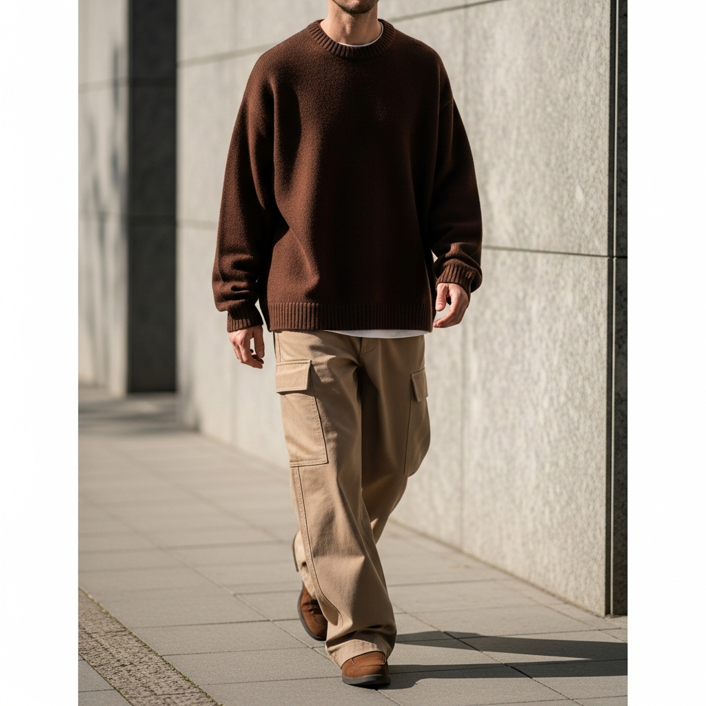 Brown Crewneck, Beige Cargo - 50 Oversized Crewneck Outfit Ideas for Men