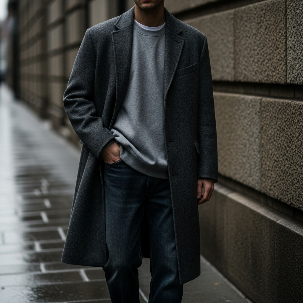 Crewneck and Wool Overcoat - 50 Oversized Crewneck Outfit Ideas for Men