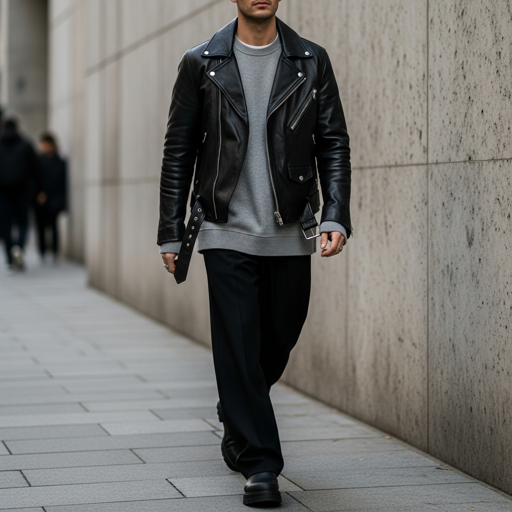 Crewneck and Leather Jacket - 50 Oversized Crewneck Outfit Ideas for Men